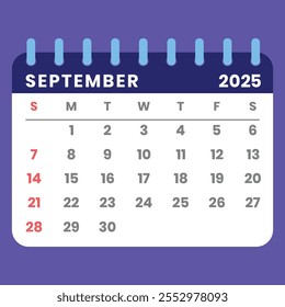 Setembro 2024 calendário estilo carta com uma semana começando no domingo. Gerenciamento de tempo, planejamento e programação ideais. Conceito de design plano com um layout mensal destacável. Ilustração vetorial.