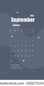 September 2024 Month Calendar Phone Wallpaper Social Media Stories Background Trendy Nature Abstract Stars Sky Astrology Cosmos Vector Design