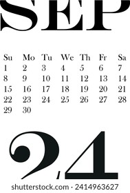 September 2024 month calendar template without background, for use in notebooks, vector