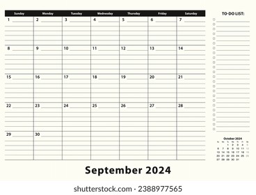 September 2024 Monatlicher Business Desk Pad Kalender. September 2024 Kalenderplaner mit Aufgabenliste und Platz für Noten in schwarz-weißem Design.