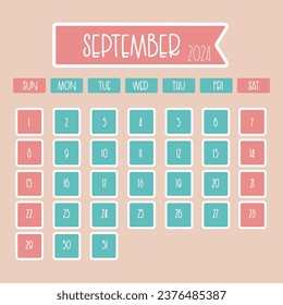 September 2024 monthly calendar design with thin font where week starts from sunday