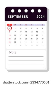 September 2024 note calendar template. Vector design