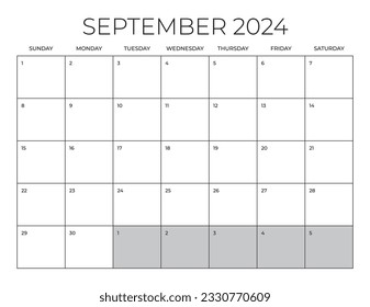 September 2024 Bürokalender, leere Kalendervorlage, Monatspaket des Home Office, Briefgrößenkalender