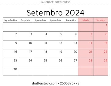 Calendario portugués septiembre 2024 - Setembro. Ilustración vectorial. Planificación mensual de su negocio en Portugal