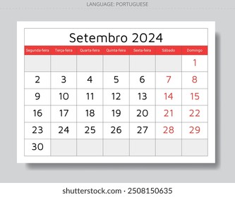 Calendario portugués de septiembre de 2024 (Setembro). Ilustración vectorial. Planificación mensual de su negocio en Portugal