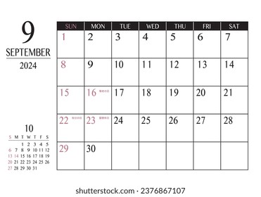 September 2024 Simple writing calendar