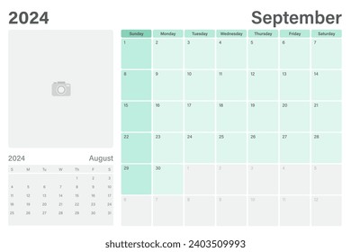 September 2024 table calendar or desk planner with space for your picture, vector design, weeks start on Sunday