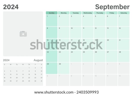 September 2024 table calendar or desk planner with space for your picture, vector design, weeks start on Sunday