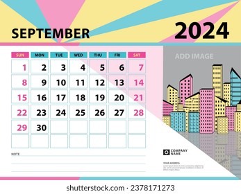 Vorlage September 2024 - Kalenderjahr 2024, Schreibtischkalender 2024 Jahr, Planer, Woche beginnt am Sonntag, Tapete-Kalender-Design, Geschichten-Design, Vintage-Hintergrund Vektorgrafik eps10