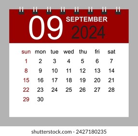 September 2024. Vector monthly calendar template 2024 year in simple style for template design. Week starts from Sunday.