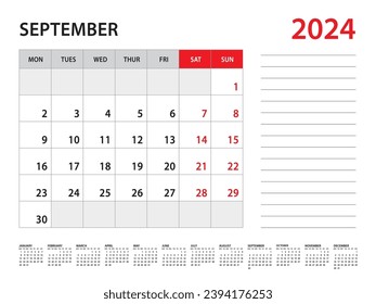 September 2024 year - Calendar 2024 template vector, week start on monday, Desk calendar 2024 year, Wall calendar design, corporate planner template, Stationery, organizer diary, vector