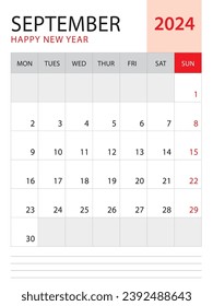 September 2024-Calendar 2024 template vector on red background, week start on monday, Desk calendar 2024 year, Wall calendar design, corporate planner template, Stationery, organizer diary, vector