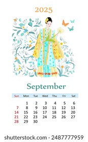 Calendario de septiembre de 2025 con hermosa chica asiática en traje tradicional hanfu con una flor de crisantemo blanco contra un patrón de hojas de remolino floral