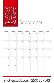 September 2025 calendar design. Week starts on Monday. Vertical 2025 calendar template.