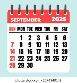 September 2025 Calendar. Desk Calendar 2025, Template Minimalist Calendar with Flat Design