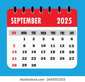 September 2025 calendar in flat design, Vector illustration