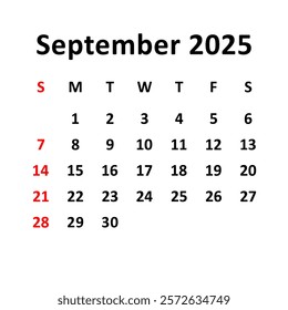 September  2025. Calendar with holydays or red dates. monthly calendar design with week starts on sunday. printable, simple, and clean vector design isolated on white background.