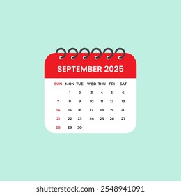 Setembro de 2025 Calendar Leaf. Calendário 2025 em ilustração de stock de vetor de estilo plano.