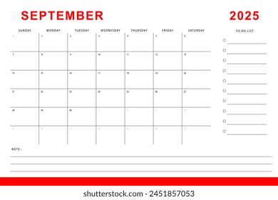 September 2025 calendar. Monthly planner template. Sunday start. Vector design