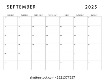 September 2025 calendar. Monthly planner template. Monday start. Vector design