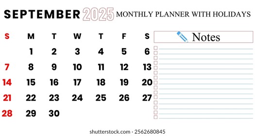 September 2025 Calendar, Monthly Planner With Holidays Vector Illustration.	