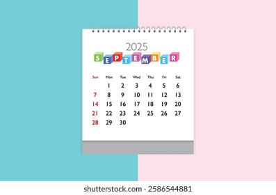 September 2025 Calendar on blue sky and light pink color background. Date month of September 2025. Page of annual monthly calendar September 2025.