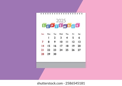 September 2025 Calendar on purple and light pink color background. Date month of September 2025. Page of annual monthly calendar September 2025.