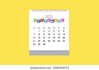 September 2025 Calendar on yellow color background. Date month of September 2025. Page of annual monthly calendar September 2025.