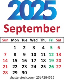 September 2025 Calendar Planner Template Page Monthly,. Vector layout of a wall or desk calendar with week start Monday for printing. Simple design with big letters, English calendar.