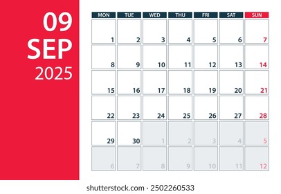 September 2025 Calendar Planner - Vector. Template Mock up