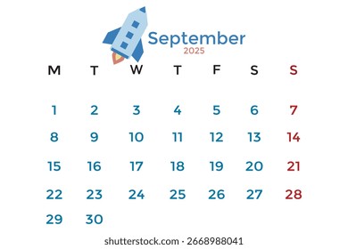 September 2025 calendar with rocket image. Minimalist September calendar template with clean layout and modern design. Perfect for scheduling, planning, time management, office, business