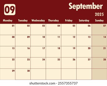 September 2025 calendar.  A simple monthly planner vector design