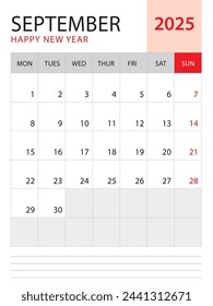 September 2025, Calendar 2025 template vector on red background, week start on monday, Desk calendar 2025 year, Wall calendar design, corporate planner template, Stationery, organizer diary, vector