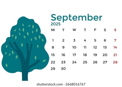 Kalender September 2025 mit Baumbild. Minimalistische September-Kalendervorlage mit sauberem Layout und modernem Design. Perfekt für Planung, Zeitmanagement, Büro, Business, 