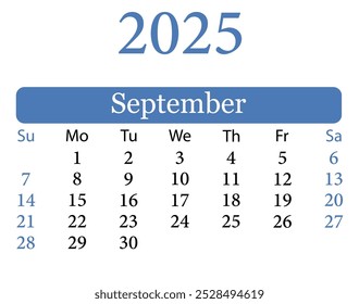 Ilustración vectorial del calendario de septiembre de 2025. Calendario Septiembre 2025. Planificador de diseño de Vector. Calendario colorido Septiembre 2025. Planificador diario