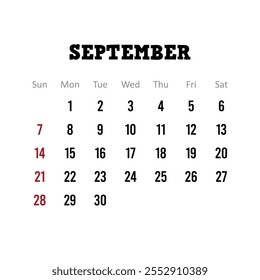 September 2025 calendar vector, simple design