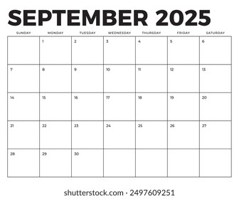 September 2025 Calendar. Week starts on Sunday. Blank Calendar Template. Fits Letter Size Page. Stationery Design.