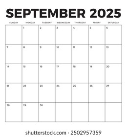 September 2025 Calendar. Week starts on Sunday. Blank Calendar Template. Fits Square Size Page. Stationery Design.