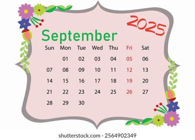 September 2025 Calendar. Week starts on Sunday. Large Number and Letter Calendar Template. Fits Square Size Page. Stationery Design.
