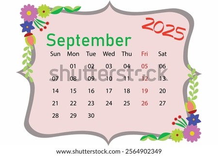 September 2025 Calendar. Week starts on Sunday. Large Number and Letter Calendar Template. Fits Square Size Page. Stationery Design.
