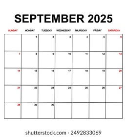 september 2025 with holydays or red dates. monthly calendar design with week starts on sunday. printable, simple, and clean vector design isolated on white background.