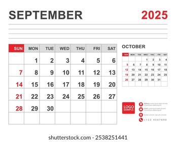 September 2025 layout, Calendar 2025 template, Printable minimalist monthly planner, Desk Calendar 2025 template, Wall calendar design, Week Start On Sunday, Stationery, printing, red color, vector
