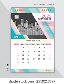 September 2025 layout, Wall calendar 2025 template pastel creative backgrounds, Desk calendar 2025 design, poster, planner, Calendar date, Week starts on Sunday, Stationery, vertical page, vector