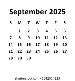 September 2025. monthly calendar design. week starts on Sunday. printable, editable, and clean vector design isolated on white background.