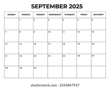 Septiembre 2025 Diseño de calendario mensual con notas y la semana comienza desde el domingo