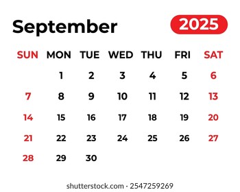 Septiembre 2025 Diseño de calendario mensual con aspecto limpio y la semana comienza desde el domingo