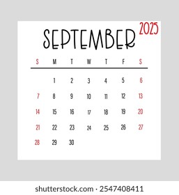 Septiembre 2025 Semana mensual de diseño del calendario comienza desde el domingo