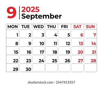 Septiembre 2025 Semana mensual de diseño del calendario comienza desde el domingo