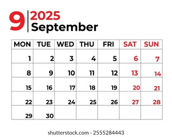 September 2025 Monthly Calendar design with clean look and week starts from sunday