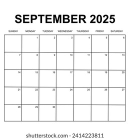 September 2025. Monthly calendar or planner design. week starts on Sunday. Printable, editable and clean design isolated on white background. 